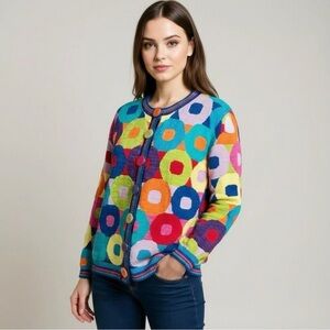 Christine Foley Vibrant Women's Multicolor Art-to-Wear Knit Cardigan Size Small